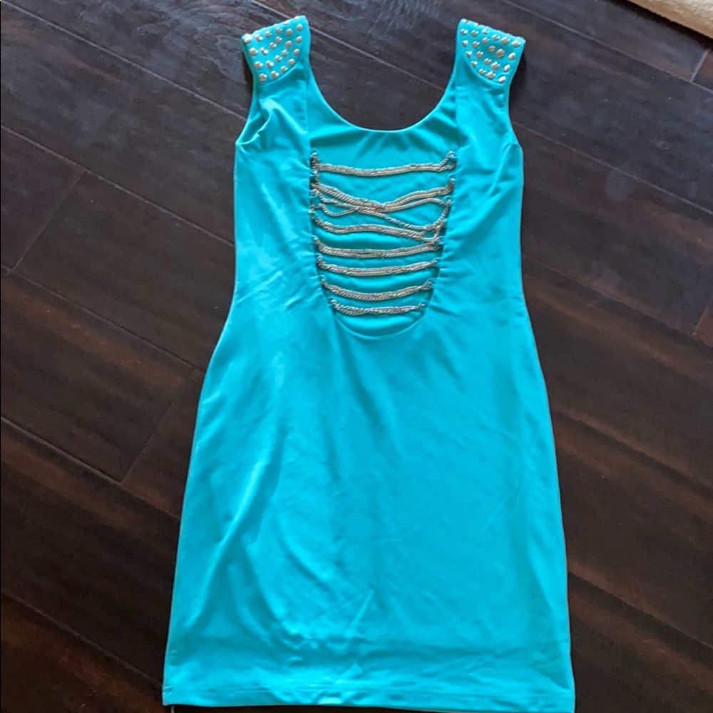 Mini dress light blue with chains and studded